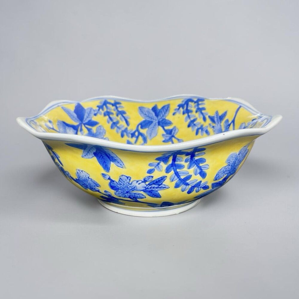 Vintage Hand Painted Floral Ceramic Serving Bowl Scalloped Majolica
